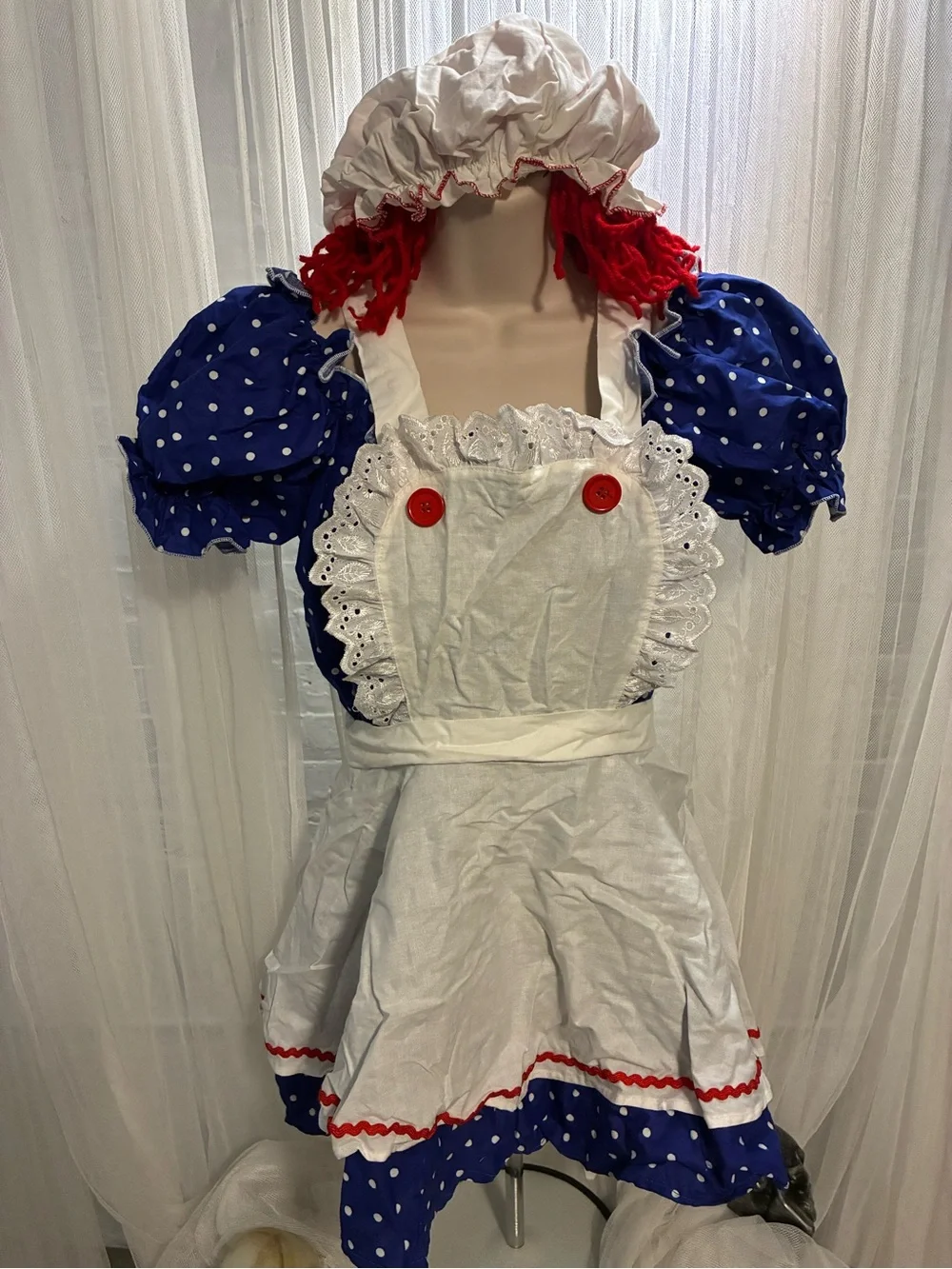 Kids Raggedy Ann-Inspired Costume Dress with Bonnet - Blue & White